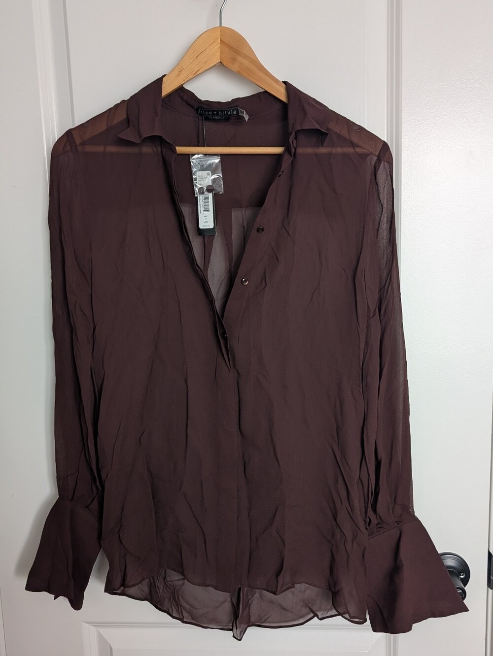 NWT Alice & Olivia Turner Sheer Button Down Shirt Color: Brown Size: Small